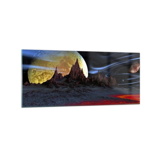 Obraz na szkle - Fantastyczny krajobraz z planetami i wulkaniczną scenerią - 120x50cm - Nieznany świat - Nowoczesna dekoracja ścienna do salonu i sypialni ARTTOR