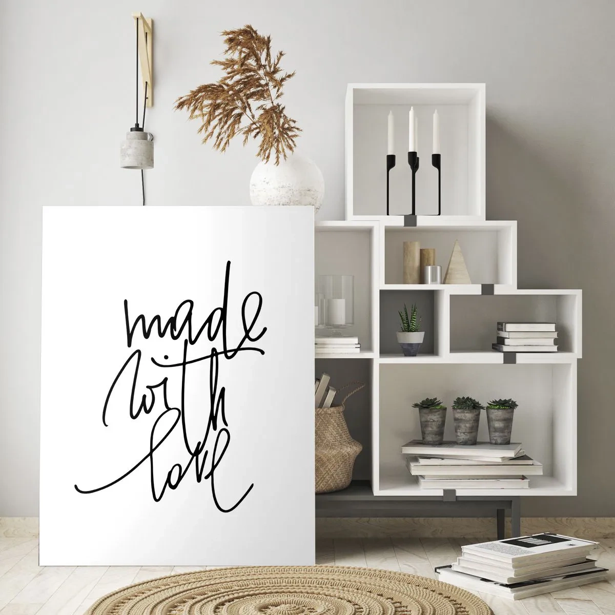 Obraz na szkle - Czarny napis "Made with love" na białym tle - 70x100cm - Najlepsza marka - Nowoczesna dekoracja ścienna do salonu i sypialni ARTTOR