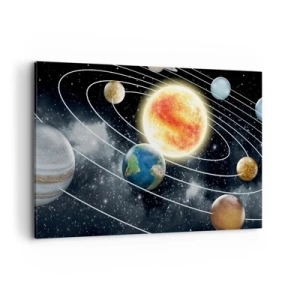 Obraz na płótnie - Układ słoneczny z planetami i słońcem w przestrzeni kosmicznej - 120x80cm - Kosmiczny taniec - Nowoczesna dekoracja ścienna do salonu, kuchni i sypialni ARTTOR