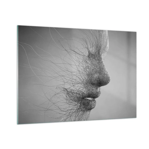 Obraz na szkle - Czarno-biały abstrakcyjny profil twarzy z liniami - 100x70cm - Duch wiatru - Nowoczesna dekoracja ścienna do salonu, kuchni i sypialni ARTTOR