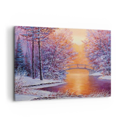 Obraz na płótnie - Zimowy krajobraz z mostkiem i zachodem słońca - 120x80cm - Spotkajmy się tu - Nowoczesna dekoracja ścienna do salonu, kuchni i sypialni ARTTOR