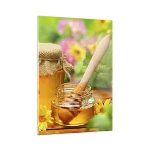 Obraz na szkle - Słoiki z miodem na tle kwiatów w ogrodzie - 50x70cm - Słodko i kwiatowo - Nowoczesna dekoracja ścienna do salonu, kuchni i sypialni ARTTOR