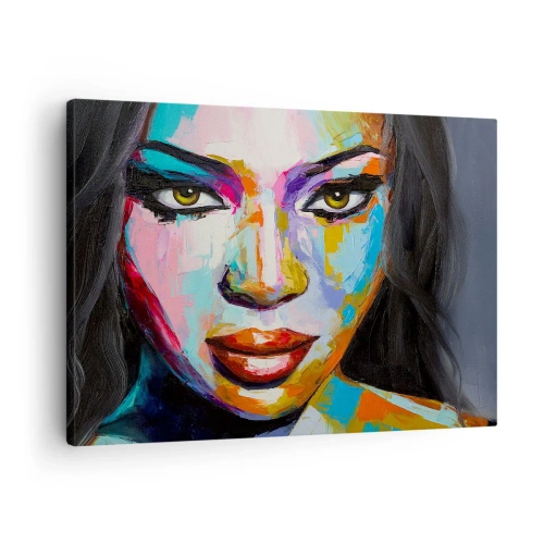 Obraz na płótnie - Kolorowy portret kobiety z intensywnym spojrzeniem - 70x50cm - Nie sposób oderwac oczu - Nowoczesna dekoracja ścienna do salonu i sypialni ARTTOR
