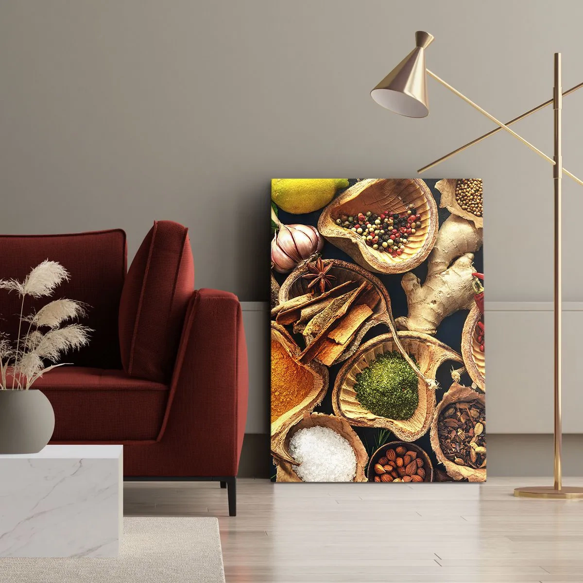 Obraz na płótnie - Mieszanka przypraw i ziół w drewnianych miseczkach - 50x70cm - Bierz, co chcesz - Nowoczesna dekoracja ścienna do salonu, kuchni i sypialni ARTTOR