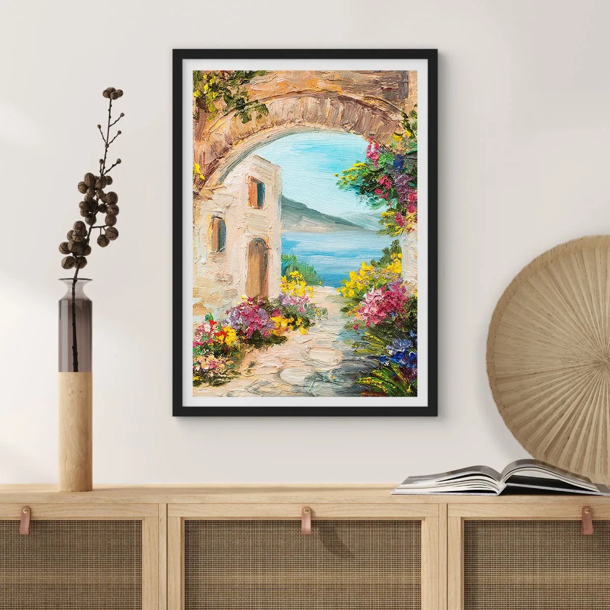 Plakat w czarnej ramie - Kamienny łuk z widokiem na morze - 50x70cm - Urok nadmorskiej prowincji - Nowoczesna dekoracja ścienna do salonu i sypialni ARTTOR