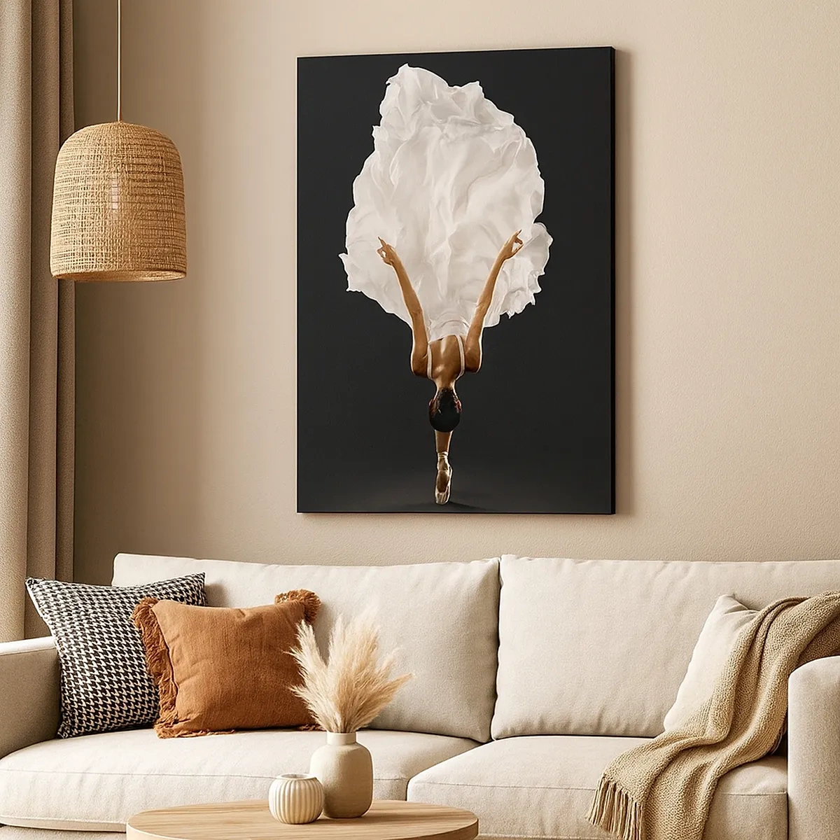 Obraz na płótnie - Baletnica w białej sukni w artystycznej pozie na czarnym tle - 50x70cm - Niezwykłe pas - Nowoczesna dekoracja ścienna do salonu, kuchni i sypialni ARTTOR