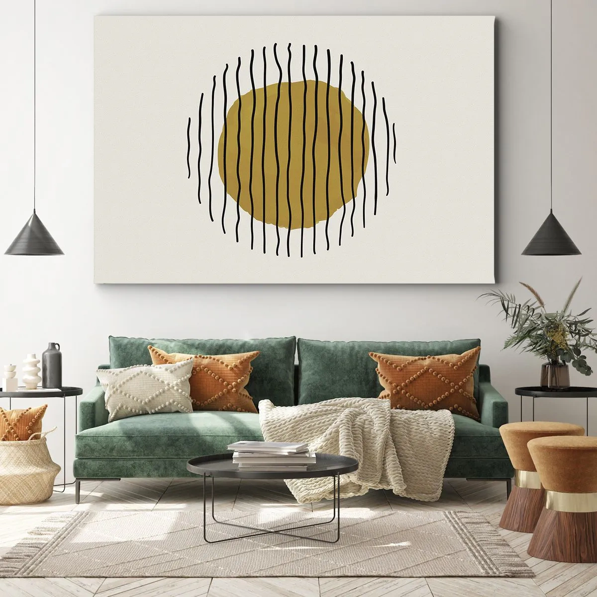 Obraz na płótnie - Minimalistyczny motyw z żółtym kołem i czarnymi liniami - 70x50cm - Abstrakcja drżąca od żaru - Nowoczesna dekoracja ścienna do salonu i sypialni ARTTOR