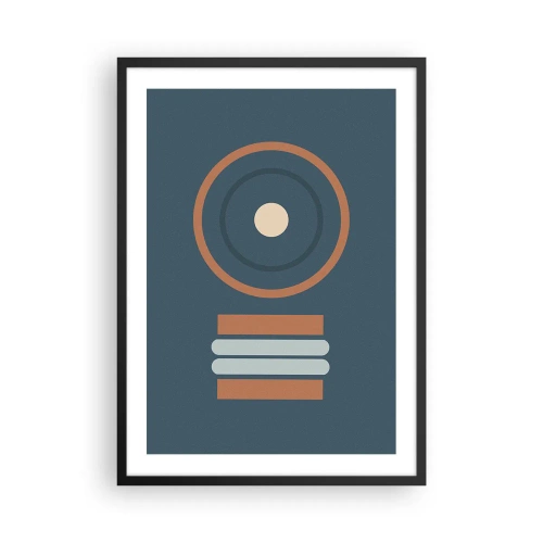 Plakat w czarnej ramie - Geometryczny wzór z kołem i prostokątami w odcieniach niebieskiego i brązu - 50x70cm - Istota rzeczy - Nowoczesna dekoracja ścienna do salonu i sypialni ARTTOR