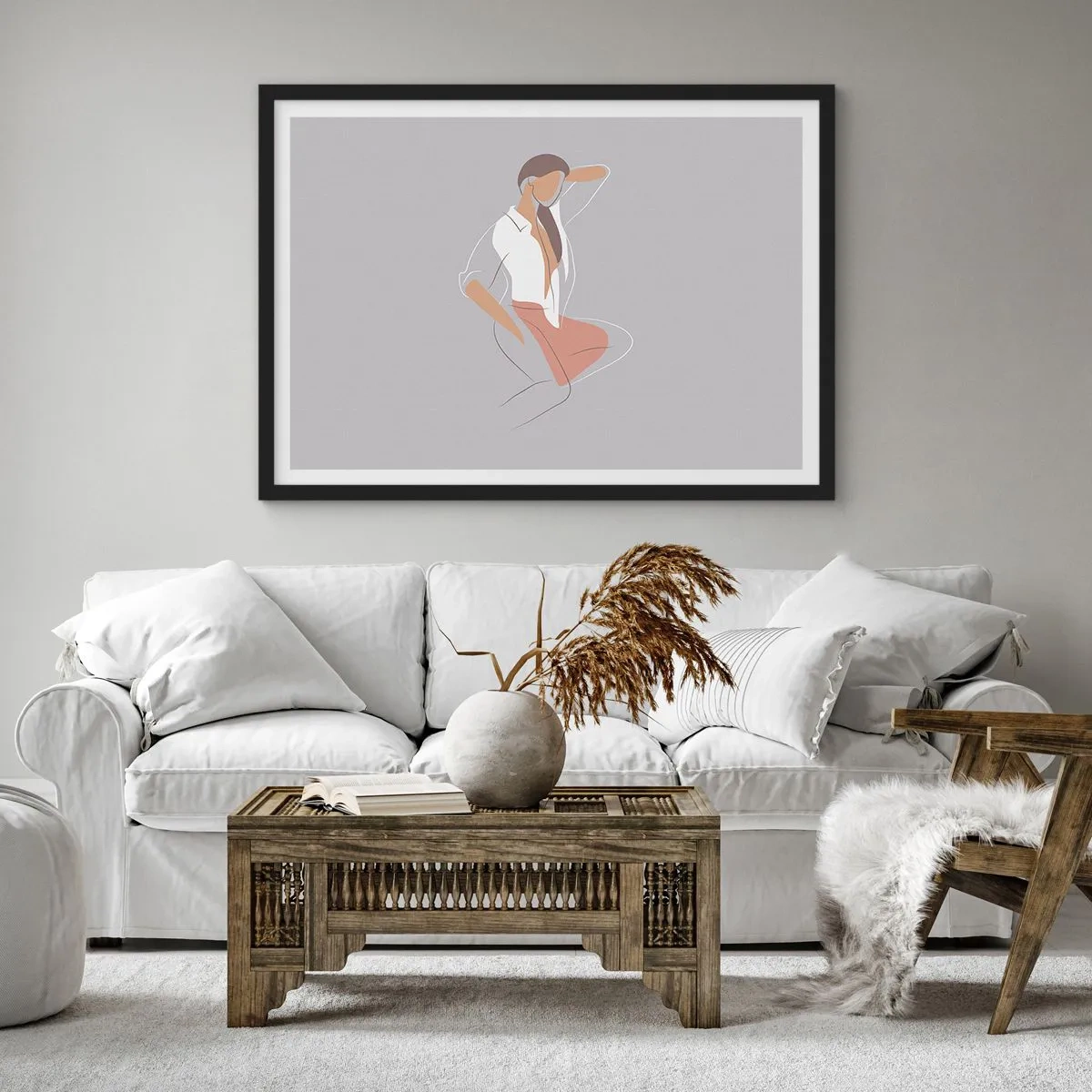Plakat w czarnej ramie - Minimalistyczny portret kobiety w pastelowych barwach - 70x50cm - Zarys wdzięku - Nowoczesna dekoracja ścienna do salonu i sypialni ARTTOR