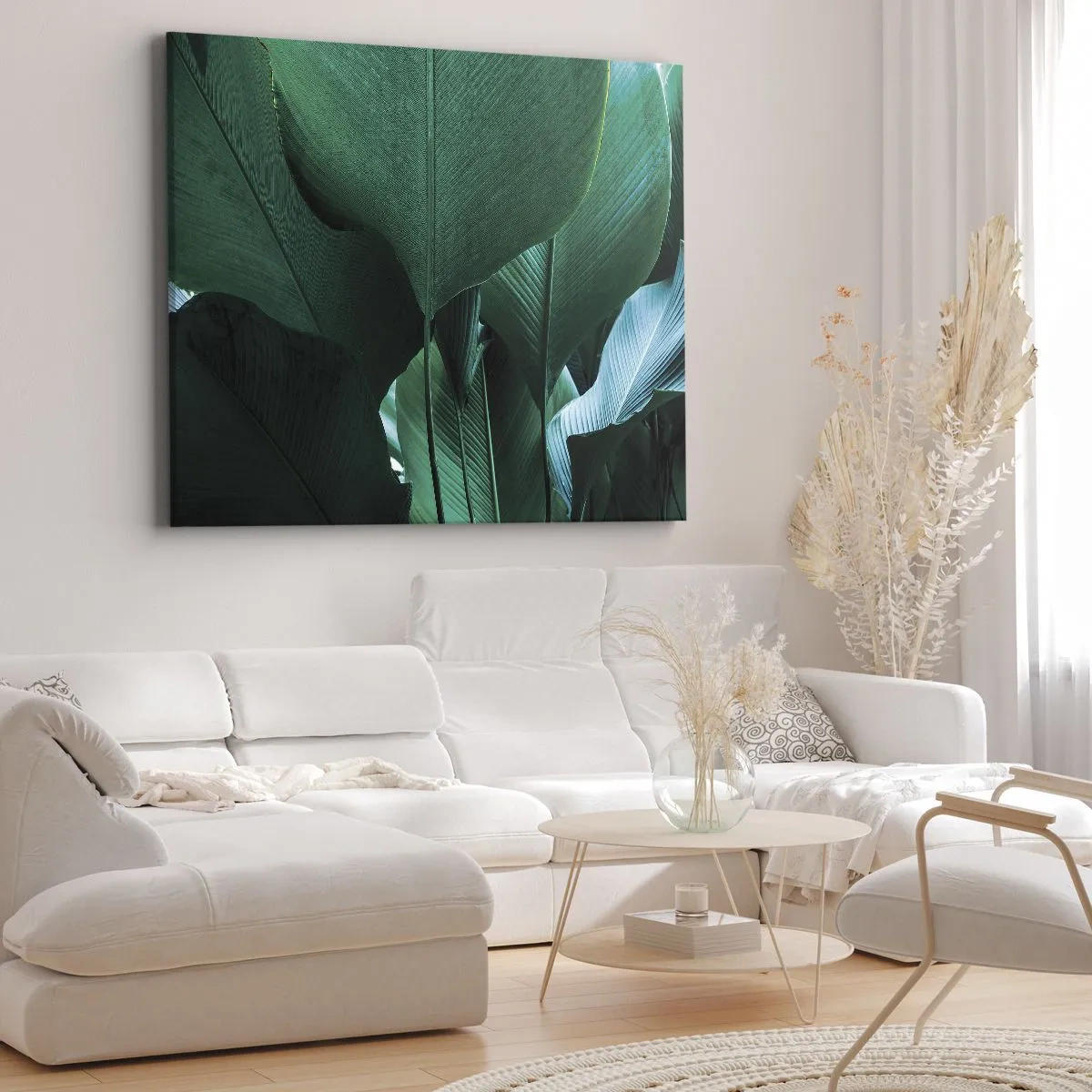 Obraz na płótnie - Zielone liście w minimalistycznej kompozycji - 70x50cm - Zwrócone do światła - Nowoczesna dekoracja ścienna do salonu i sypialni ARTTOR