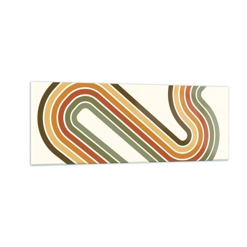 Obraz na szkle - Geometryczny wzór w odcieniach zieleni, pomarańczu i beżu na jasnym tle - 140x50cm - Zygzakiem do celu - Nowoczesna dekoracja ścienna do salonu i sypialni ARTTOR