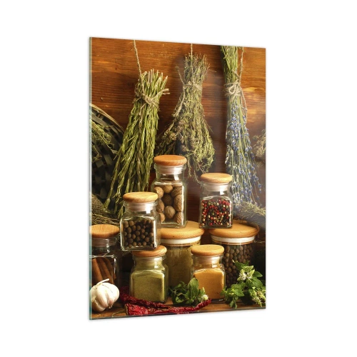 Obraz na szkle - Zioła i przyprawy w słoikach na drewnianym tle - 50x70cm - Kuchenne czary - Nowoczesna dekoracja ścienna do salonu, kuchni i sypialni ARTTOR