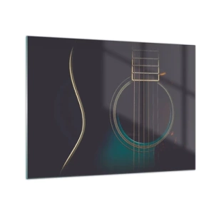 Obraz na szkle - Czarna gitara akustyczna w zbliżeniu z detalami strun - 70x50cm - Chwila zanim zabrzmi - Nowoczesna dekoracja ścienna do salonu i sypialni ARTTOR