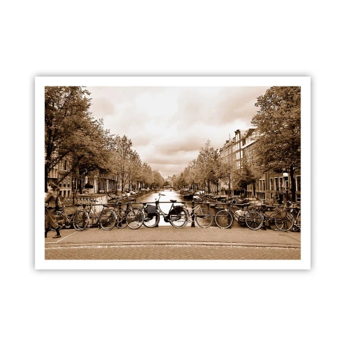 Plakat - Rowerowy mostek nad kanałem w sepia - 100x70cm - Holenderskie klimaty - Nowoczesna dekoracja ścienna do salonu i sypialni ARTTOR