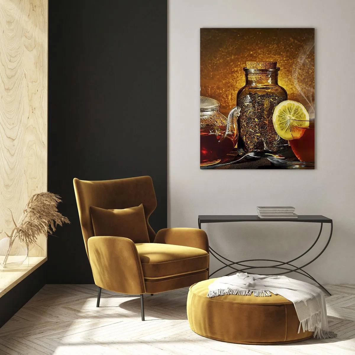 Obraz na szkle - Herbata w szklanym dzbanku z cytryną i sypaną herbatą - 70x100cm - W stylu holenderskich mistrzów - Nowoczesna dekoracja ścienna do salonu i sypialni ARTTOR