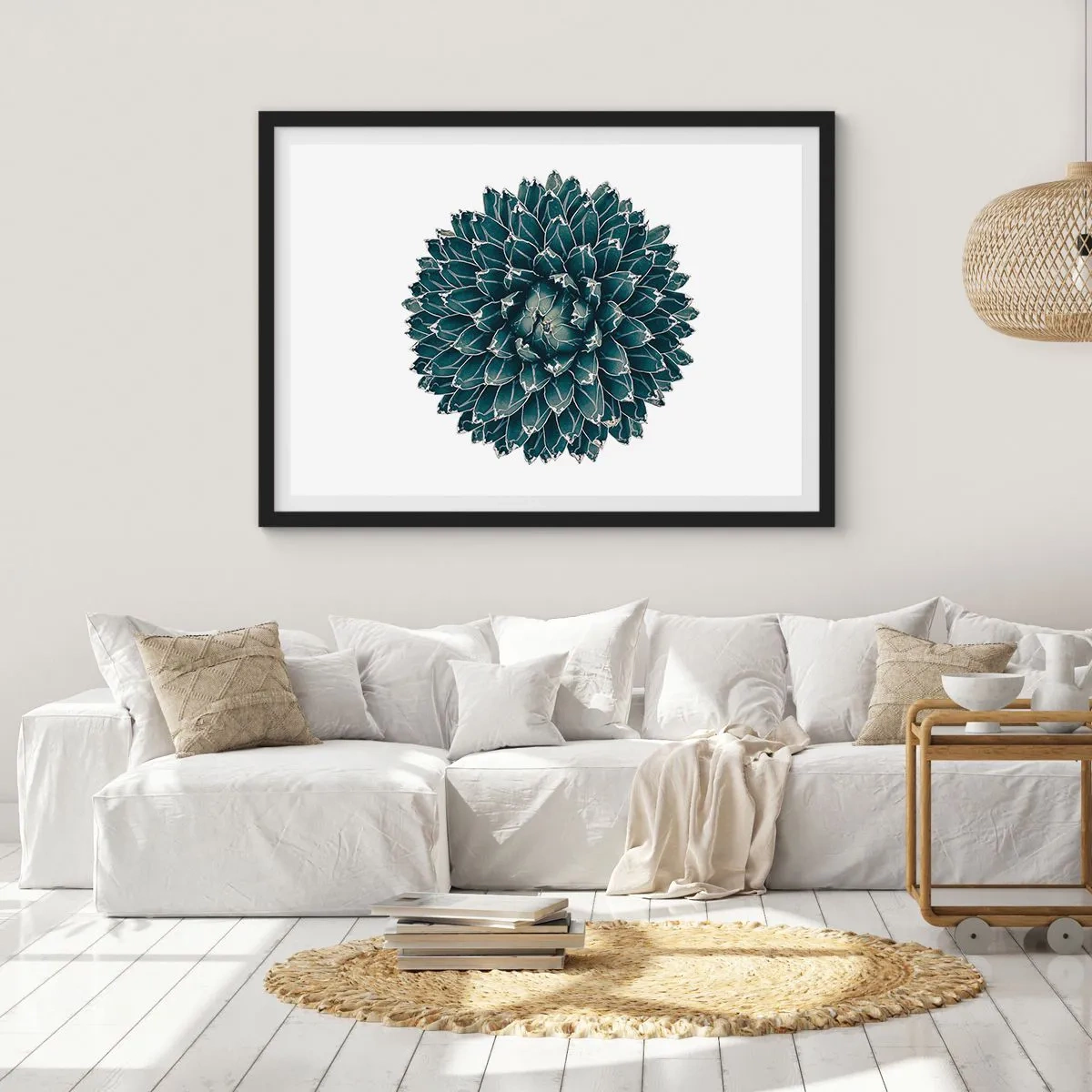 Plakat w czarnej ramie - Symetryczna roślina sukulenta na białym tle - 70x50cm - Gwiazda pustyni - Nowoczesna dekoracja ścienna do salonu i sypialni ARTTOR