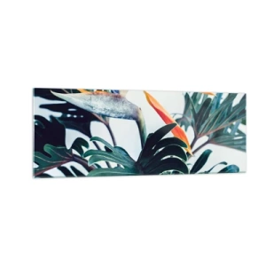 Obraz na szkle - Kwiat strelicji w otoczeniu liści w jasnym świetle - 140x50cm - Ptakokrzak - Nowoczesna dekoracja ścienna do salonu i sypialni ARTTOR