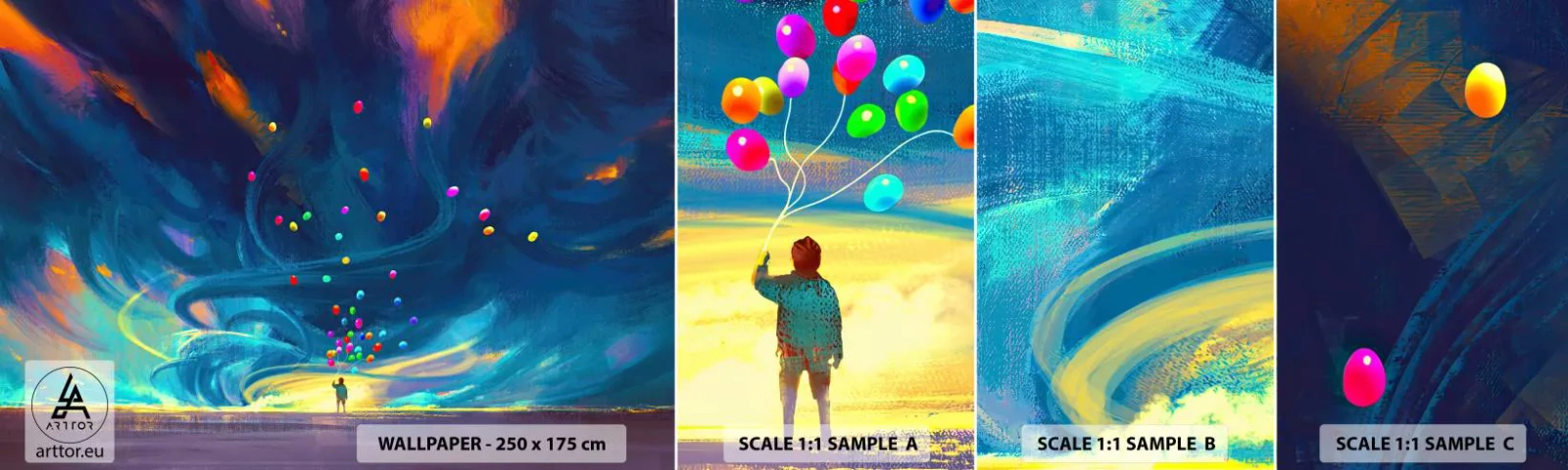 Fototapeta Próbka Samoprzylepna Deluxe Sticker - Na niebieski wiatr - Dla Dzieci, Kolorowe Balony, Abstrakcja - 100x30 cm