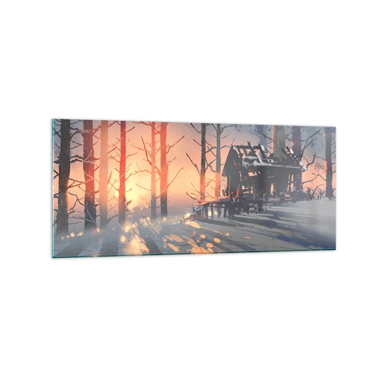 Obraz na szkle - Leśna chata w zimowym krajobrazie z promieniami zachodzącego słońca - 120x50cm - Zagląda tu tylko słońce - Nowoczesna dekoracja ścienna do salonu i sypialni ARTTOR