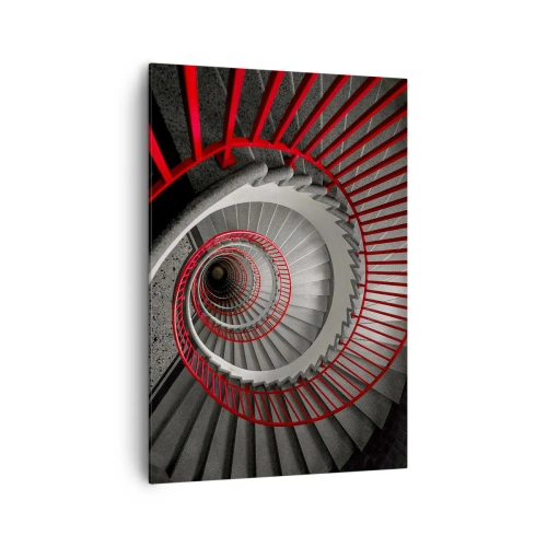 Obraz na płótnie - Spiralne schody z czerwonymi poręczami w dynamicznej perspektywie - 70x100cm - Zabawy architektury - Nowoczesna dekoracja ścienna do salonu i sypialni ARTTOR