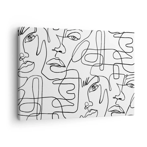 Obraz na płótnie - Minimalistyczny rysunek twarzy z liniami na jasnym tle - 70x50cm - W splątanych emocjach - Nowoczesna dekoracja ścienna do salonu i sypialni ARTTOR
