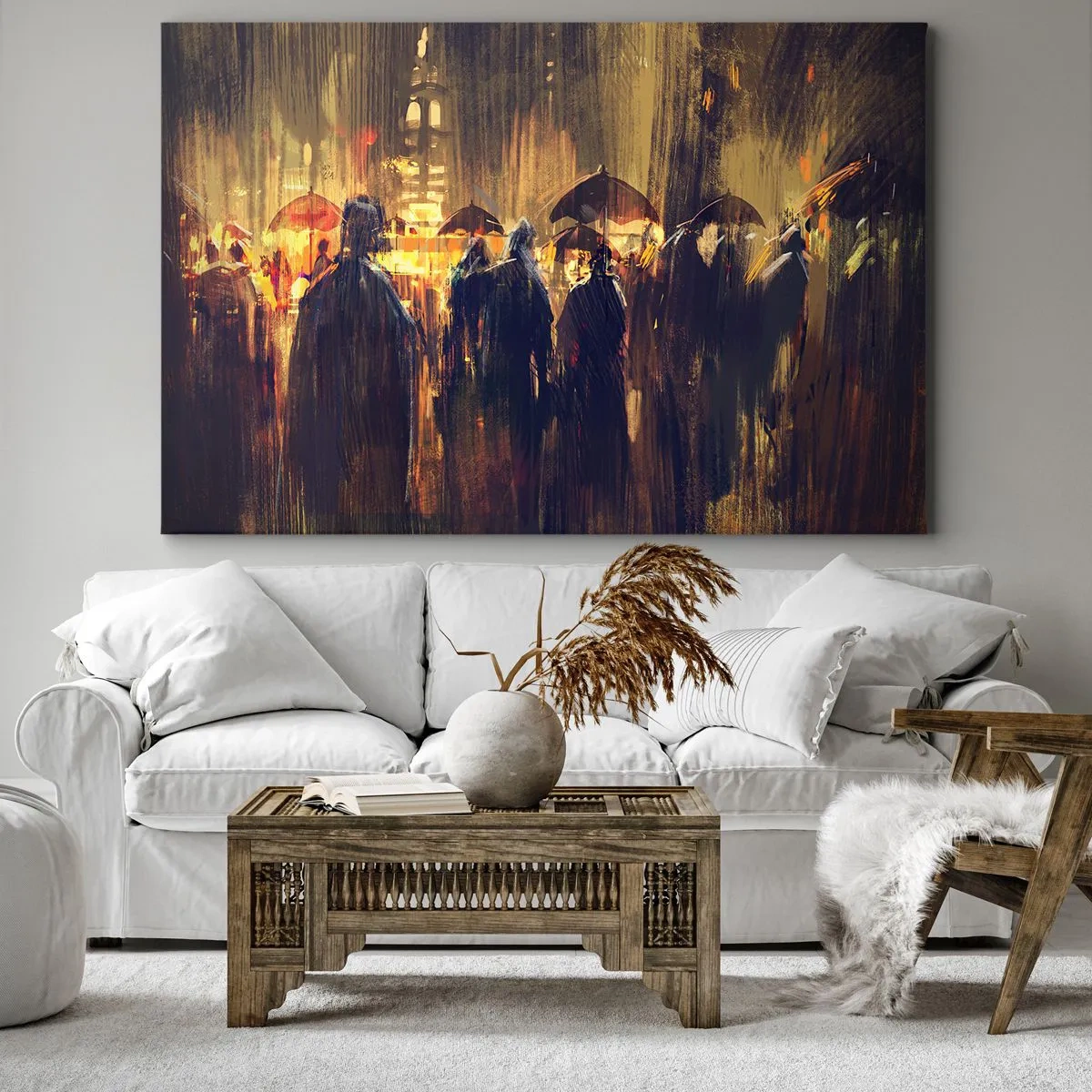 Obraz na płótnie - Postacie z parasolami w deszczowym mieście nocą - 70x50cm - Wyznawcy deszczu - Nowoczesna dekoracja ścienna do salonu i sypialni ARTTOR