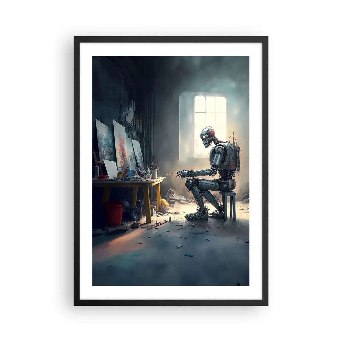 Plakat w czarnej ramie - Robot artysta malujący obrazy w pracowni - 50x70cm - Akt kreacji - Nowoczesna dekoracja ścienna do salonu i sypialni ARTTOR