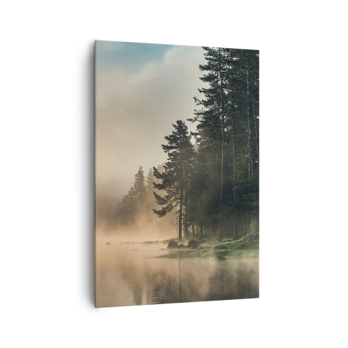 Obraz na płótnie - Mglisty las nad spokojnym jeziorem - 70x100cm - Narodziny dnia - Nowoczesna dekoracja ścienna do salonu i sypialni ARTTOR