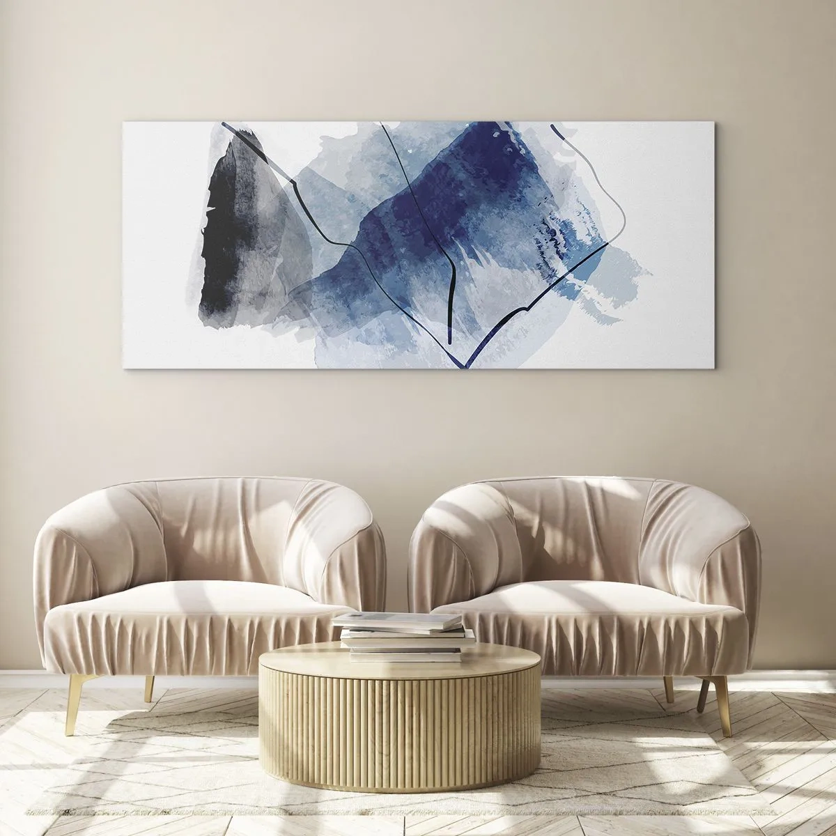 Obraz na szkle - Abstrakcyjne formy w odcieniach niebieskiego z delikatnymi liniami - 120x50cm - Lodowa góra - Nowoczesna dekoracja ścienna do salonu i sypialni ARTTOR