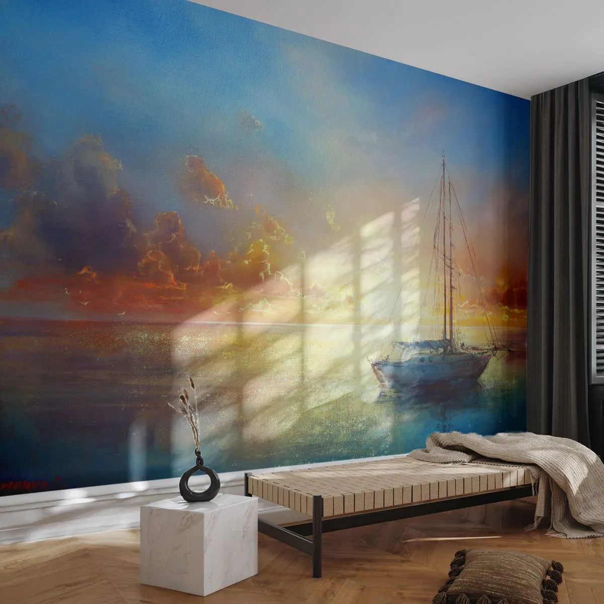 Fototapeta Premium Sand - Żaglówka na spokojnym morzu o zachodzie słońca - 100x70cm - W złotej zatoce - Nowoczesna dekoracja ścienna do salonu, kuchni i sypialni ARTTOR