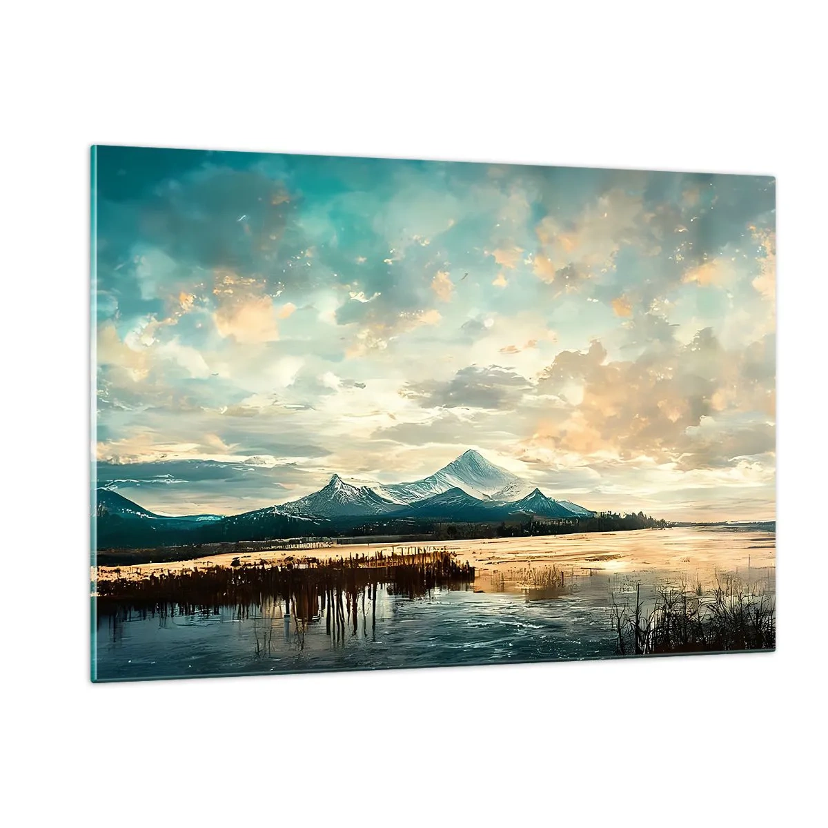 Obraz na szkle - Zimowy krajobraz z górami i zamarzniętym jeziorem - 120x80cm - Pod opieką nieba - Nowoczesna dekoracja ścienna do salonu, kuchni i sypialni ARTTOR