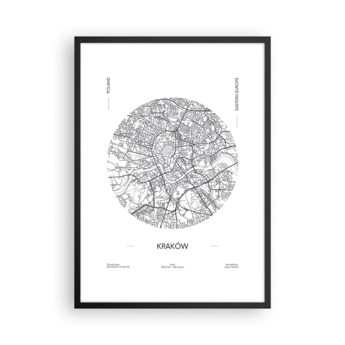 Plakat w czarnej ramie - Minimalistyczna mapa Krakowa w okręgu - 50x70cm - Anatomia Krakowa - Nowoczesna dekoracja ścienna do salonu i sypialni ARTTOR