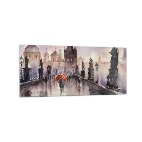 Obraz na szkle - Romantyczny widok mostu z parasolem na tle wieczornego miasta - 120x50cm - Ludzie się nie zmieniają - Nowoczesna dekoracja ścienna do salonu i sypialni ARTTOR