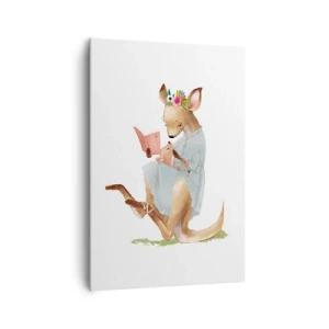 Obraz na płótnie - Kangurzyca czytająca książkę z dzieckiem - 70x100cm - Poczytaj mi, mamo - Nowoczesna dekoracja ścienna do salonu i sypialni ARTTOR