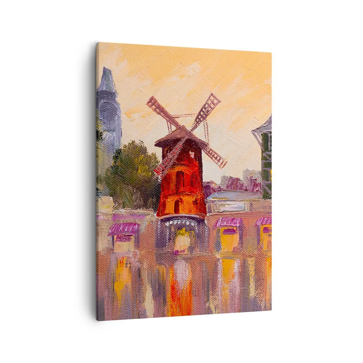 Obraz na płótnie - Malarski widok na czerwony wiatrak na tle miasta - 50x70cm - Paryskie ikony – Moulin Rouge - Nowoczesna dekoracja ścienna do salonu, kuchni i sypialni ARTTOR