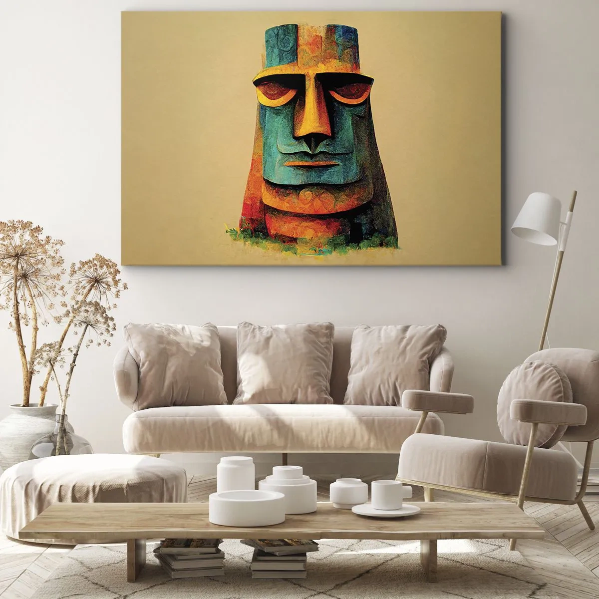 Obraz na płótnie - Kolorowy posąg z Wyspy Wielkanocnej - 70x50cm - Posągowy, a sympatyczny - Nowoczesna dekoracja ścienna do salonu i sypialni ARTTOR
