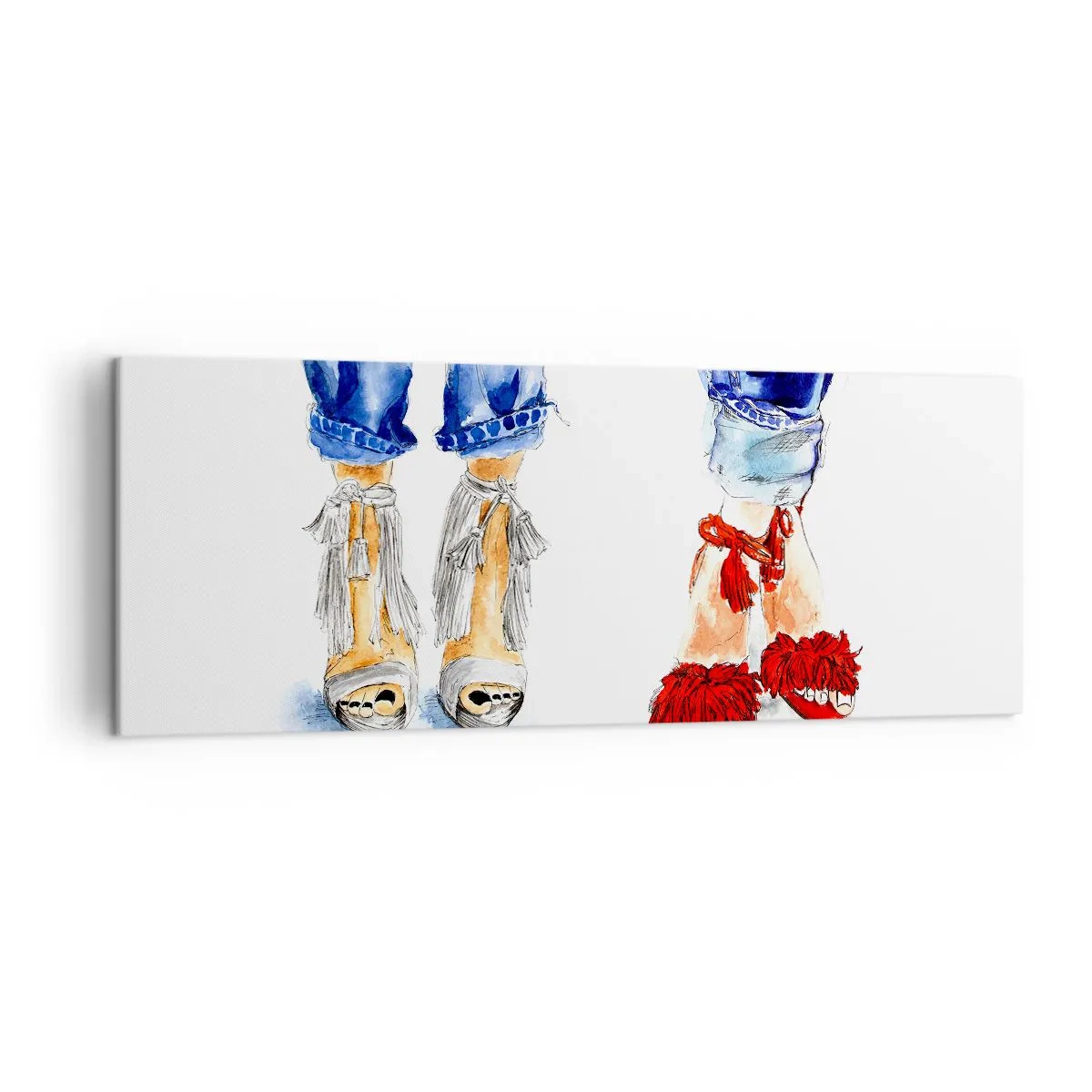 Obraz na płótnie - Ilustracja dwóch par butów w stylowych sandałach i dżinsach - 140x50cm - Może pójdziemy na spacer? - Nowoczesna dekoracja ścienna do salonu i sypialni ARTTOR