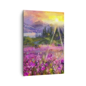 Obraz na płótnie - Malownicza łąka w promieniach zachodzącego słońca - 70x100cm - W dolinie pod opieką słońca - Nowoczesna dekoracja ścienna do salonu i sypialni ARTTOR