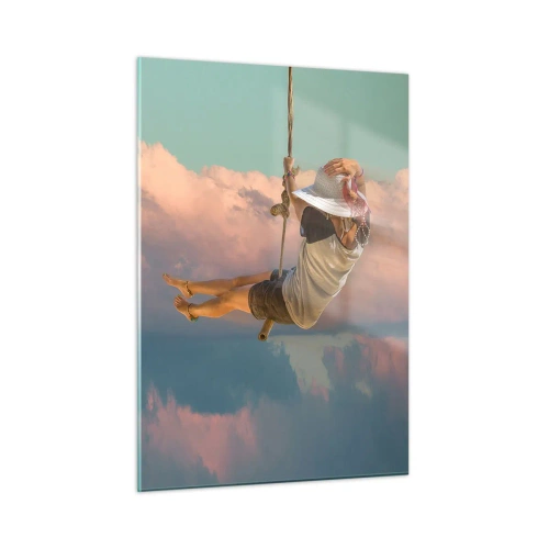 Obraz na szkle - Dziewczyna na huśtawce wśród różowych chmur - 50x70cm - Zabawa w obłokach - Nowoczesna dekoracja ścienna do salonu, kuchni i sypialni ARTTOR