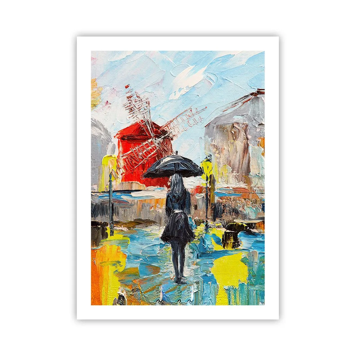 Plakat - Kobieta z parasolem na tle miasta w deszczu - 50x70cm - Paryskie legendy - Nowoczesna dekoracja ścienna do salonu, kuchni i sypialni ARTTOR