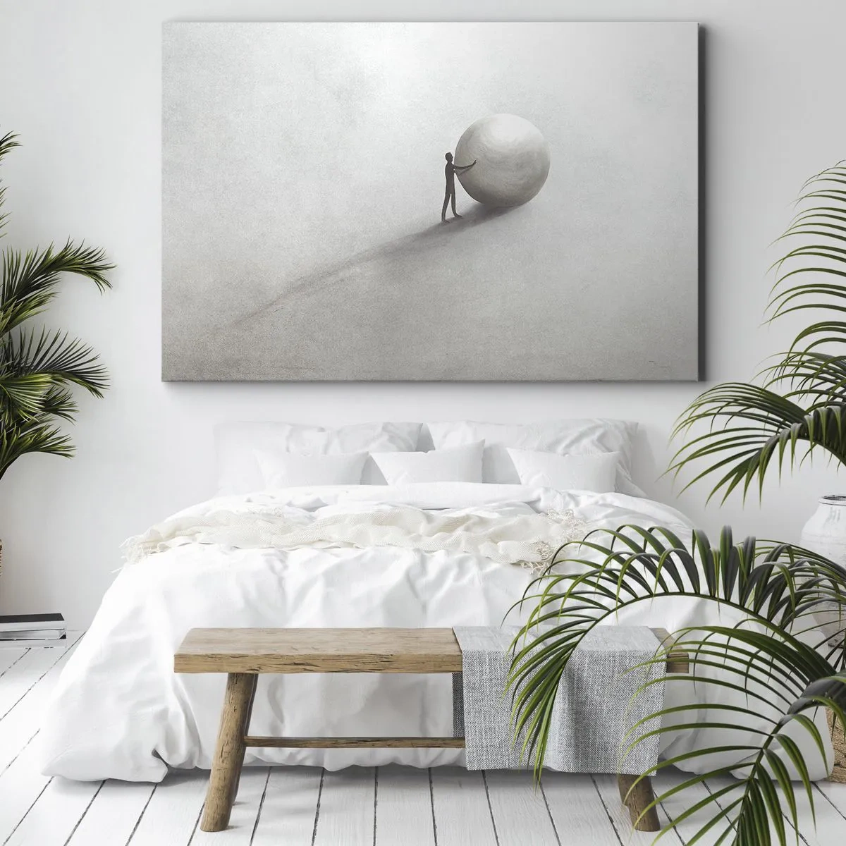 Obraz na płótnie - Minimalistyczna postać z kulą na jasnym, monochromatycznym tle - 100x70cm - Gra życia - Nowoczesna dekoracja ścienna do salonu, kuchni i sypialni ARTTOR
