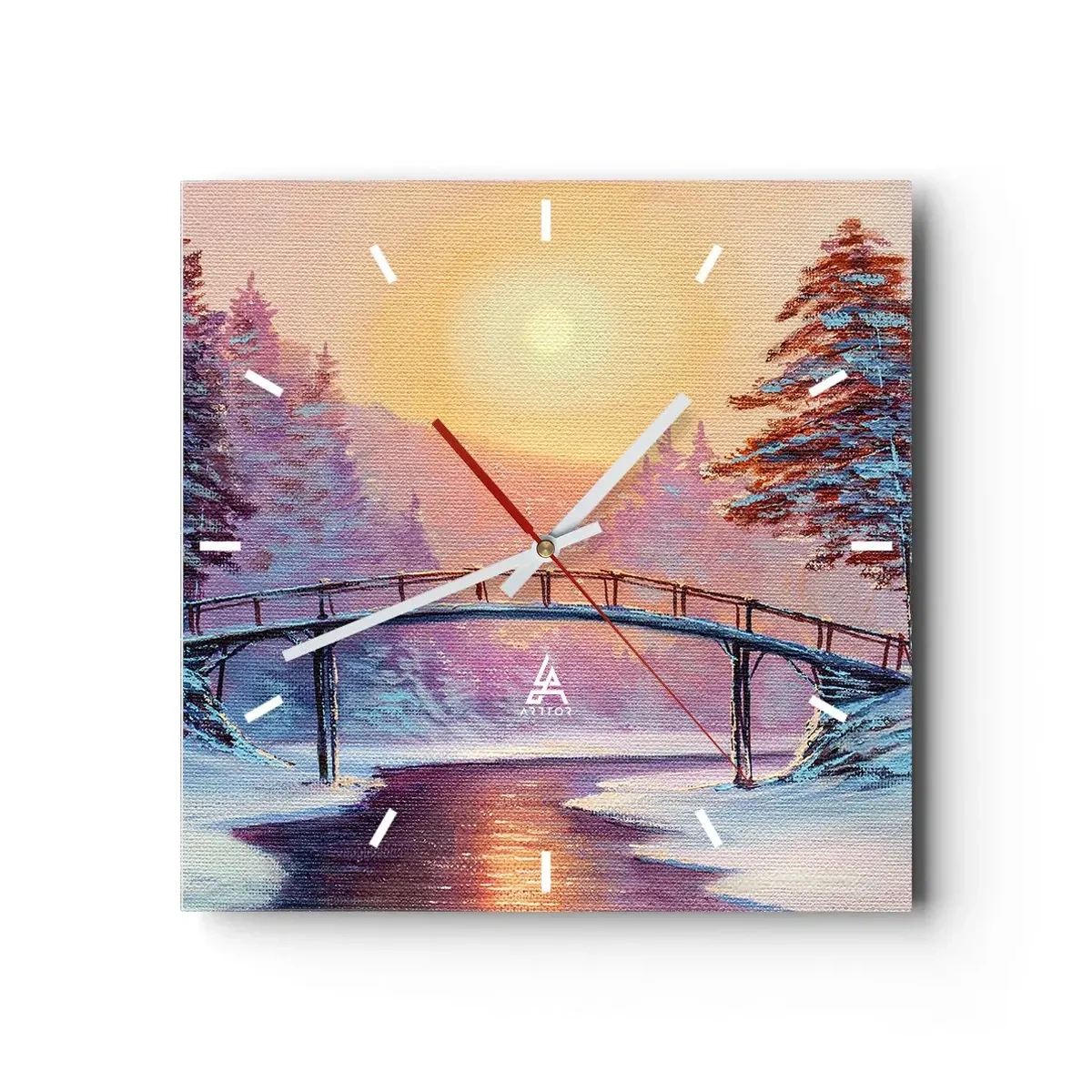 Zegar ścienny - Zimowy krajobraz z mostem oświetlony zachodem słońca - 30x30cm - Cztery pory roku - zima - Nowoczesna dekoracja ścienna do salonu i sypialni ARTTOR