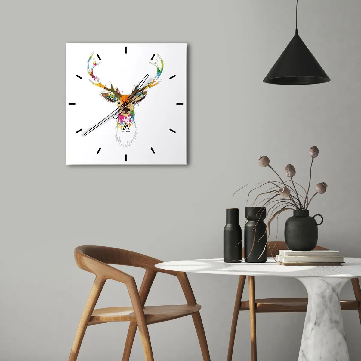 Zegar ścienny - Kolorowa głowa jelenia w artystycznym stylu - 30x30cm - Łagodny jelonek skąpany w kolorze - Nowoczesna dekoracja ścienna do salonu i sypialni ARTTOR