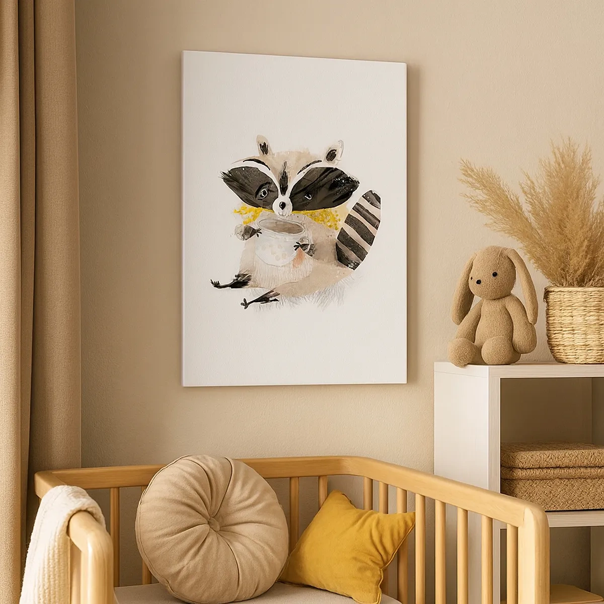 Obraz na płótnie - Uroczy szop z kubkiem herbaty w stylu ilustracyjnym - 50x70cm - Mój przyjaciel szop - Nowoczesna dekoracja ścienna do salonu, kuchni i sypialni ARTTOR