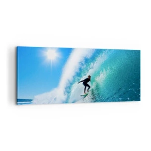 Obraz na płótnie - Surfer na desce pływający wewnątrz potężnej fali pod błękitnym niebem - 120x50cm - Przez wielki błękit - Nowoczesna dekoracja ścienna do salonu i sypialni ARTTOR