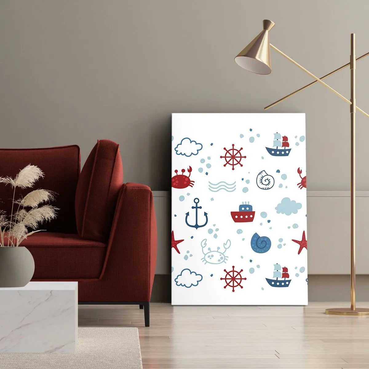 Obraz na płótnie - Morski wzór z marynistycznymi motywami - 50x70cm - Morska bajka - Nowoczesna dekoracja ścienna do salonu, kuchni i sypialni ARTTOR