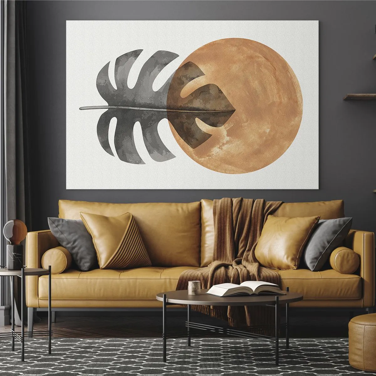 Obraz na szkle - Liść monstery i pomarańczowe koło w stylu graficznym na białym tle - 70x50cm - Zawsze słońce - Nowoczesna dekoracja ścienna do salonu i sypialni ARTTOR
