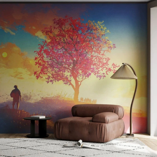 Fototapeta Samoprzylepna Deluxe Sticker - Pielgrzym u celu - Krajobraz, Drzewo, Wędrowiec - 150x105 cm