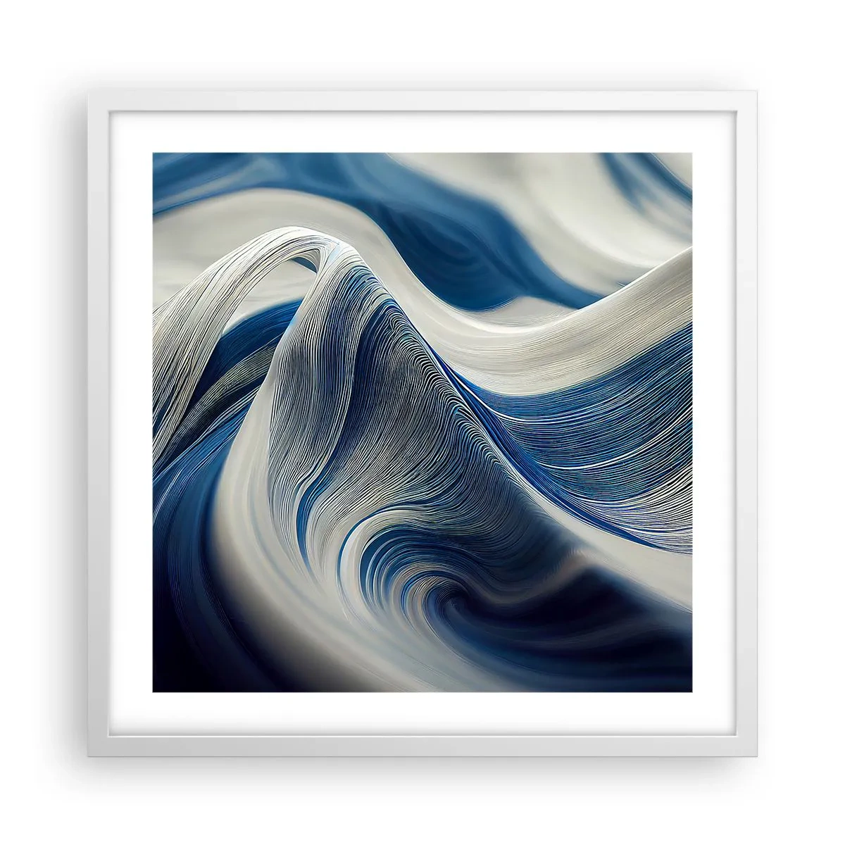 Plakat w białej ramie - Płynność błękitu i bieli - 50x50 cm