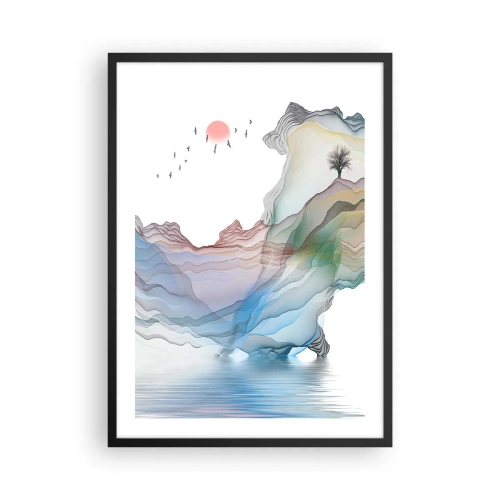 Plakat w czarnej ramie - Kolorowe, warstwowe góry nad spokojnym jeziorem z drzewem - 50x70cm - Ku kryształowym górom - Nowoczesna dekoracja ścienna do salonu i sypialni ARTTOR